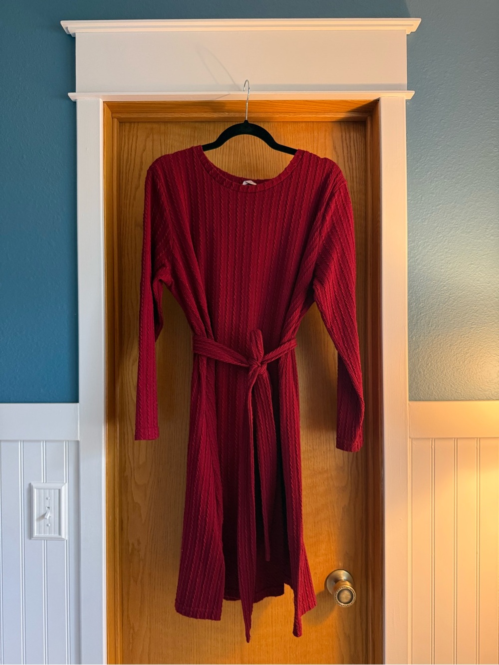 Long-Sleeve Belted Knit Dress in Deep Red